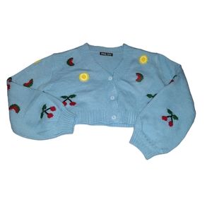 SHEIN womens light blue cherry sun boho crop sweater cardigan medium m